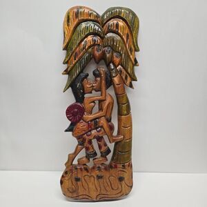 VTG Hand Carved Wood Jamaica Tropical Lovers Kissing Under Palm Tree Tiki Bar